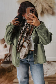Smoke Green Patched Pocket Collared Button Front Boyfriend Denim Jacket