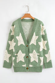 Green Sherpa Star Pattern Textured Sweater Cardigan with Pockets
