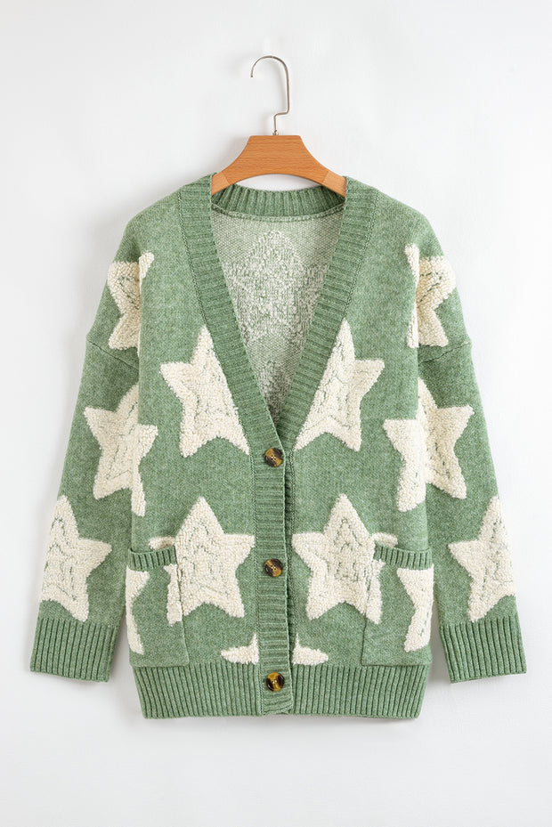 Green Sherpa Star Pattern Textured Sweater Cardigan with Pockets
