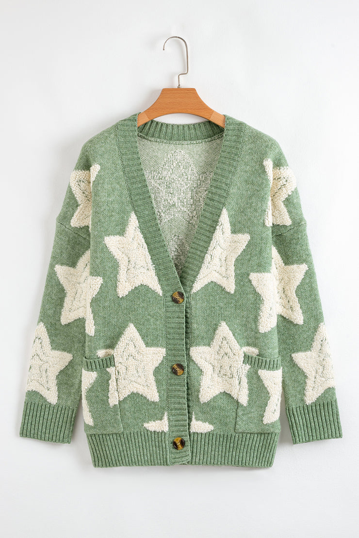 Green Sherpa Star Pattern Textured Sweater Cardigan with Pockets