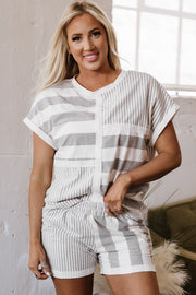 Gray Stripe Mixed Print Short Sleeve Top and Pocketed Shorts Set