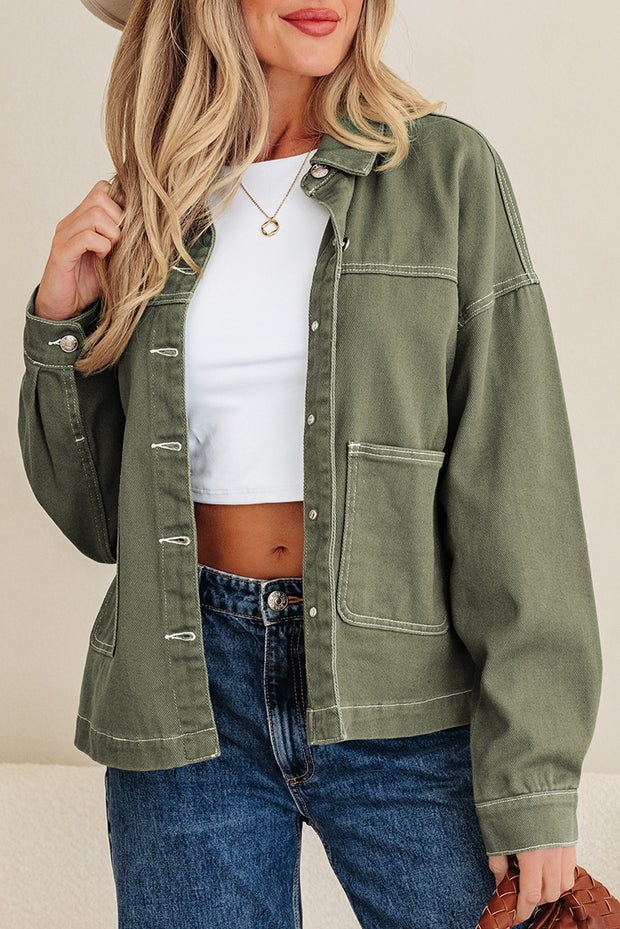 Smoke Green Patched Pocket Collared Button Front Boyfriend Denim Jacket