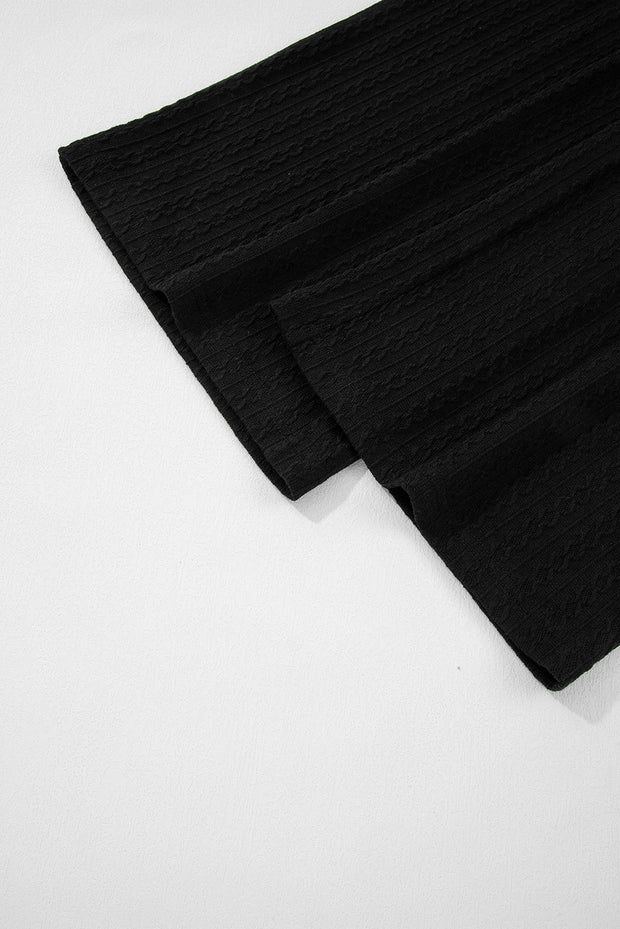 Black Textured Chest Pocket Long Sleeve Top 2Pcs Pants Set