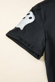 Black Glitter Ghost Pattern Crew Neck Halloween T Shirt