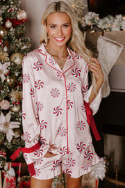 Pink Christmas Candy Contrast Trim Bow Knot Silky 2pcs Pajama Set