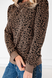 Brown Ribbed Trim Leopard Print Long Sleeve Top