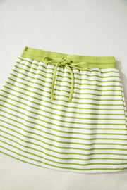 Green Stripe Collared V Neck Drop Shoulder Pullover and Skort 2pcs Outfit