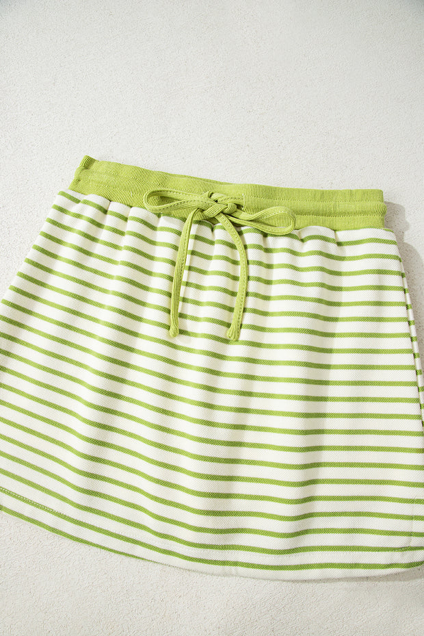 Green Stripe Collared V Neck Drop Shoulder Pullover and Skort 2pcs Outfit