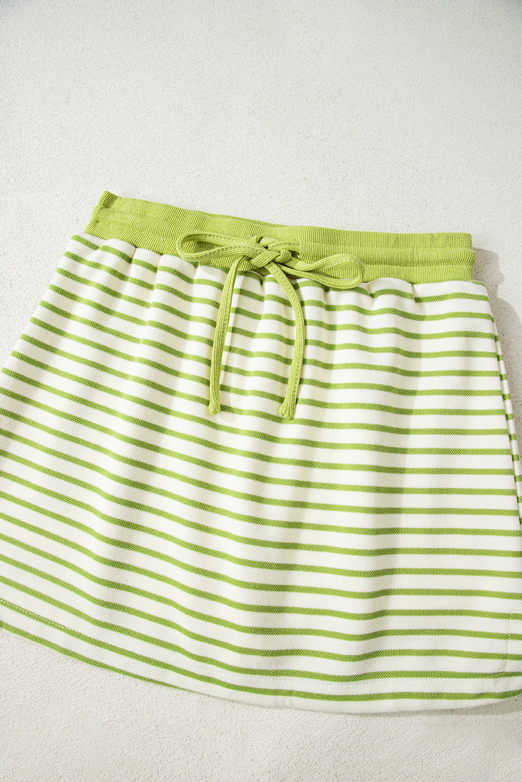 Green Stripe Collared V Neck Drop Shoulder Pullover and Skort 2pcs Outfit