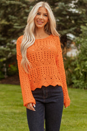 Carrot Solid Color Open Crochet Scallop Edge Sweater