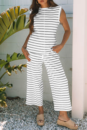 Black Stripe Casual Wide Leg 2pcs Pants Set
