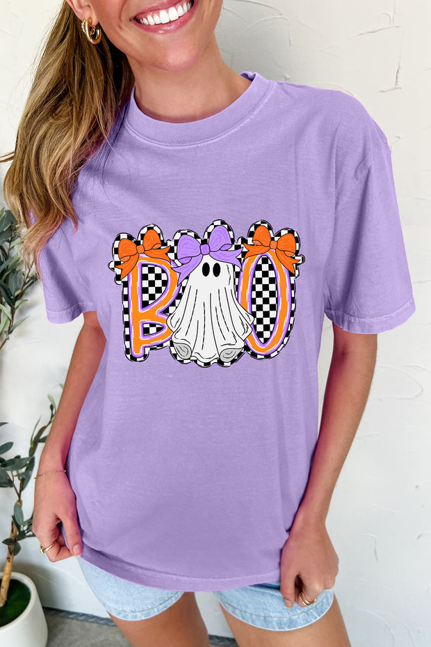 Wisteria Boo Checkered Bow Ghost Halloween Graphic Tee