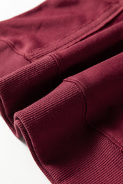 Red Sandalwood Plaid Colorblock Patchwork Sleeve Raw Seam Sweatshirt