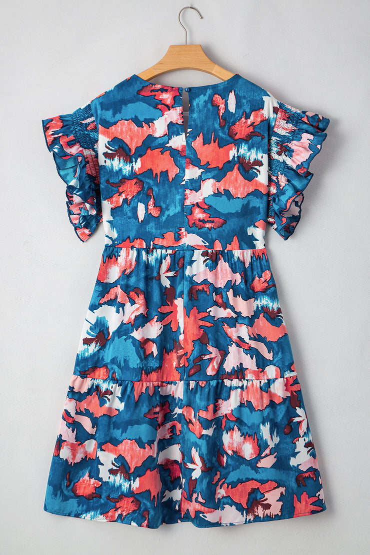 Blue Abstract Print Shirred Ruffled Short Sleeve Tiered Plus Size Mini Dress