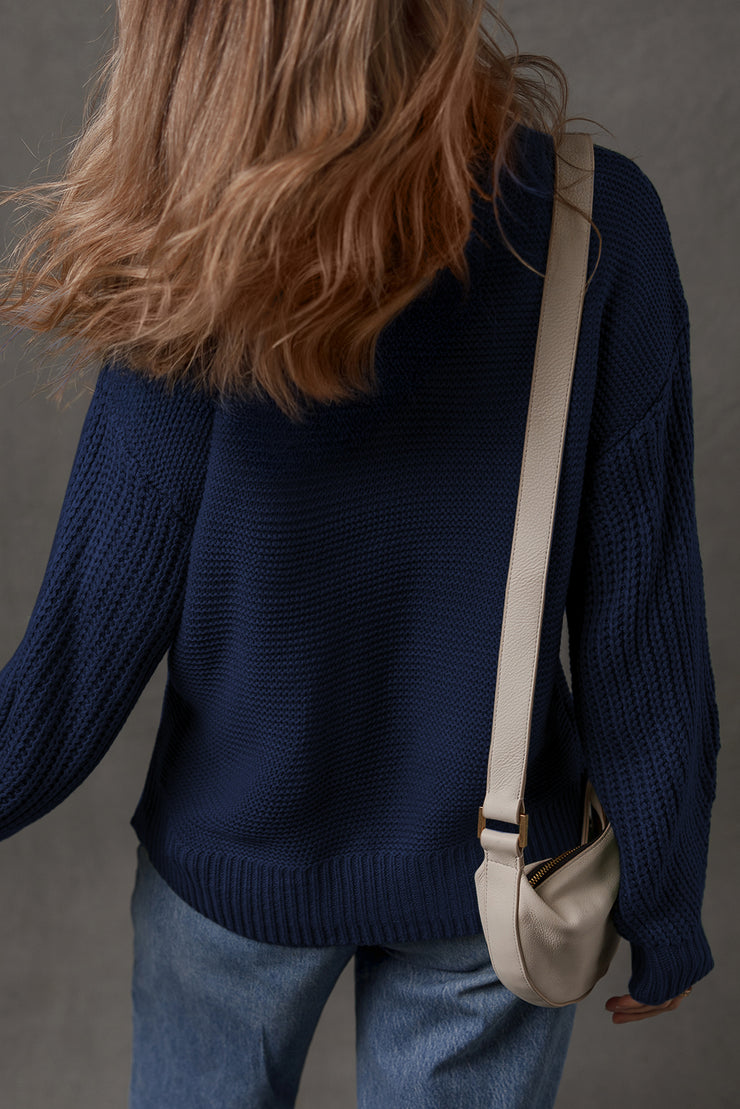 Dirty blue Solid Color Front Seam Drop Shoulder Loose Sweater