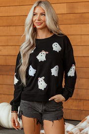Black Sequin Cute Bow Ghost Graphic Crew Neck Halloween Sweatshirt