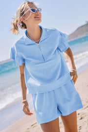 Beau Blue Ribbed Texture Half Zip Ruffled Short Sleeve Top and Shorts Set