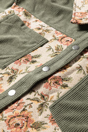 Sage Green Ribbed Retro Floral Patchwork Shirt Style Jacket