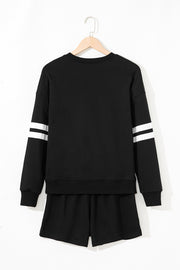 Black Varsity Striped Sleeve Drop Shoulder Sweatshirt and Short Set
