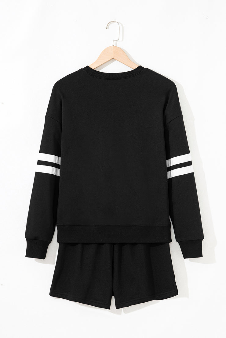 Black Varsity Striped Sleeve Drop Shoulder Sweatshirt and Short Set
