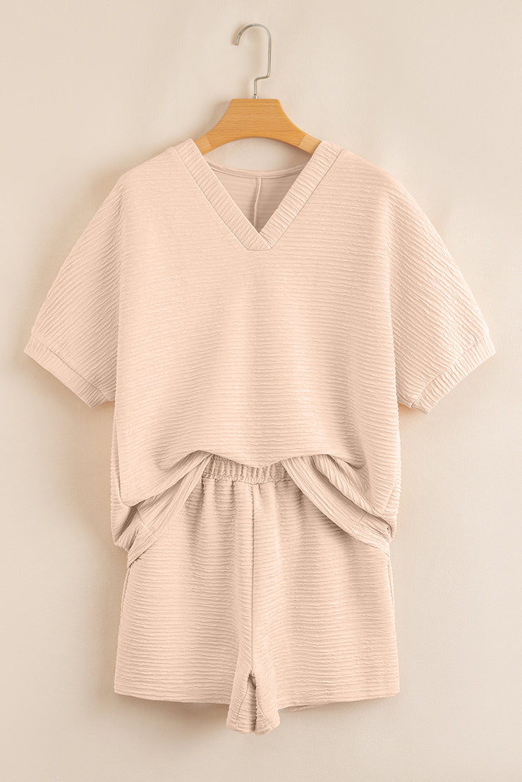 Apricot Textured V Neck T Shirt and Shorts Set