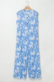 Myosotis Floral Print Half Button Wide Leg Relaxed Sleeveless Jumpsuit