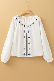 White Geometric Embroidered Long Sleeve Buttoned Blouse