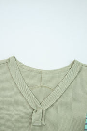 Meadow Mist Green Exposed Seam Waffle Striped Patchwork Baggy Pullover