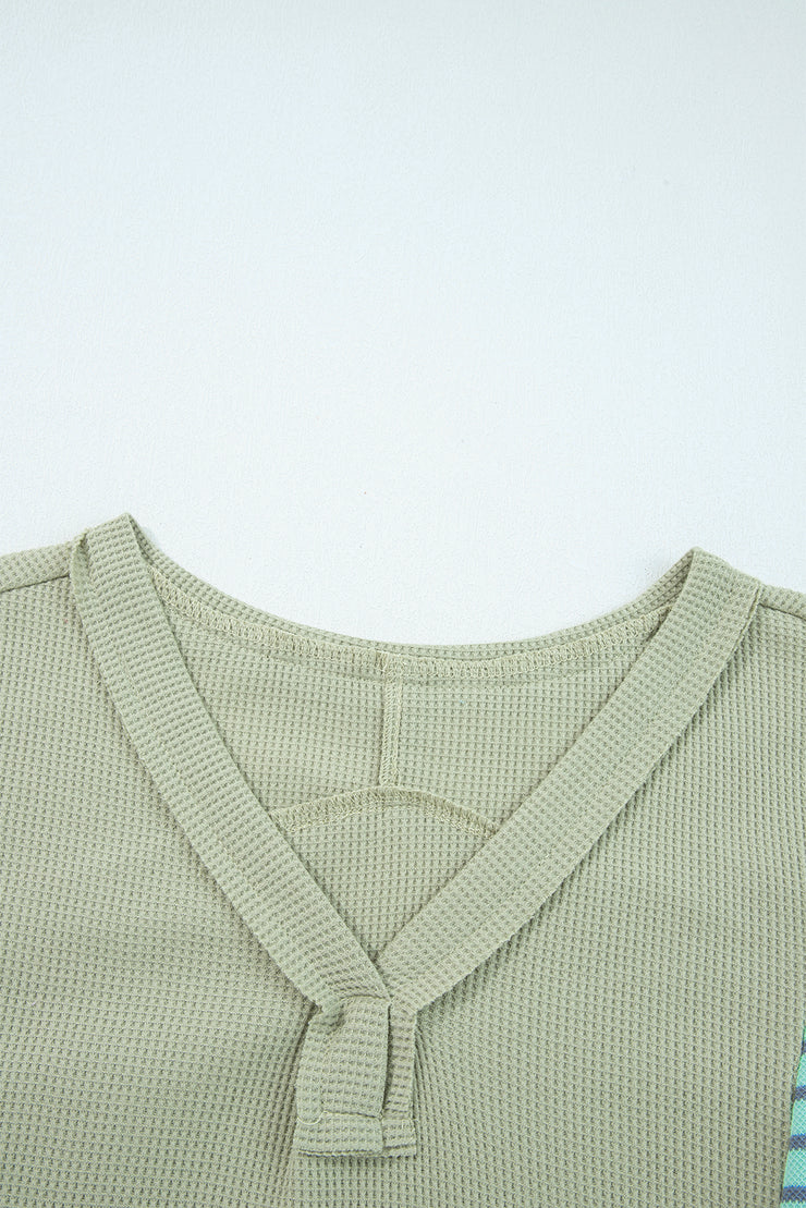 Meadow Mist Green Exposed Seam Waffle Striped Patchwork Baggy Pullover