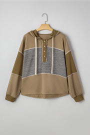 Jungle Green Mixed Texture Patchwork Exposed Seam Half Button Pullover Hooded Sweatshirt