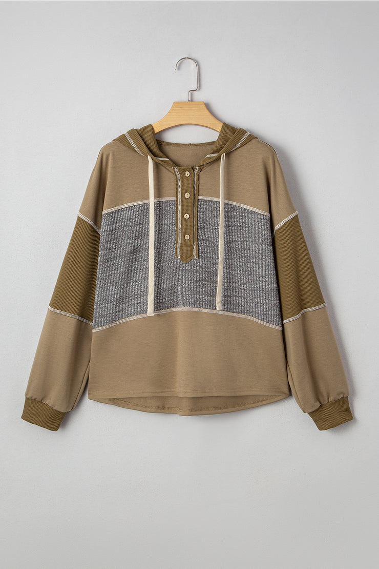 Jungle Green Mixed Texture Patchwork Exposed Seam Half Button Pullover Hooded Sweatshirt