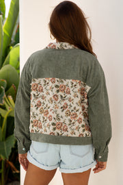 Sage Green Ribbed Retro Floral Patchwork Shirt Style Jacket