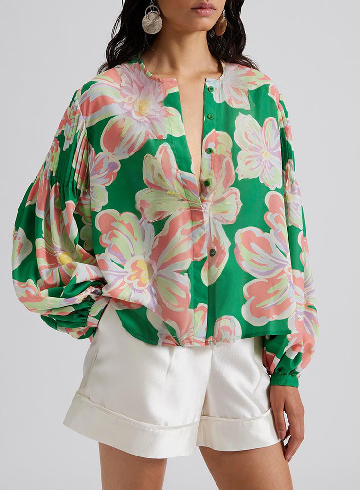 Camisa holgada con mangas abullonadas, plisada y abotonada con estampado floral verde