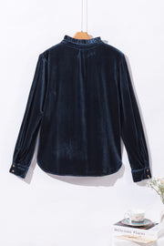 Navy Blue Frilled Neck Buttoned Front Velvet Top