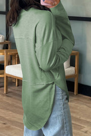 Smoke Green Notched Neck Terry Raw Hem Long Sleeve Top