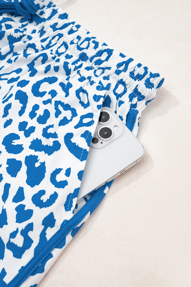 Blue Leopard Elastic Waist Lace up Contrast Trim Casual Shorts