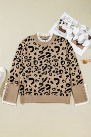 Brown Leopard Knitted Lacy Trim Cuffed Plus Size Sweater
