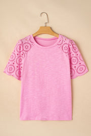 Pink Eyelet Embroidery Scalloped Sleeve Round Neck T Shirt
