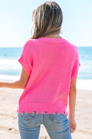 Bright Pink Distressed Hem Short Sleeve Knitted Button Front Sweater