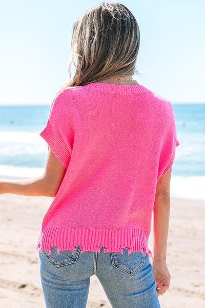 Bright Pink Distressed Hem Short Sleeve Knitted Button Front Sweater