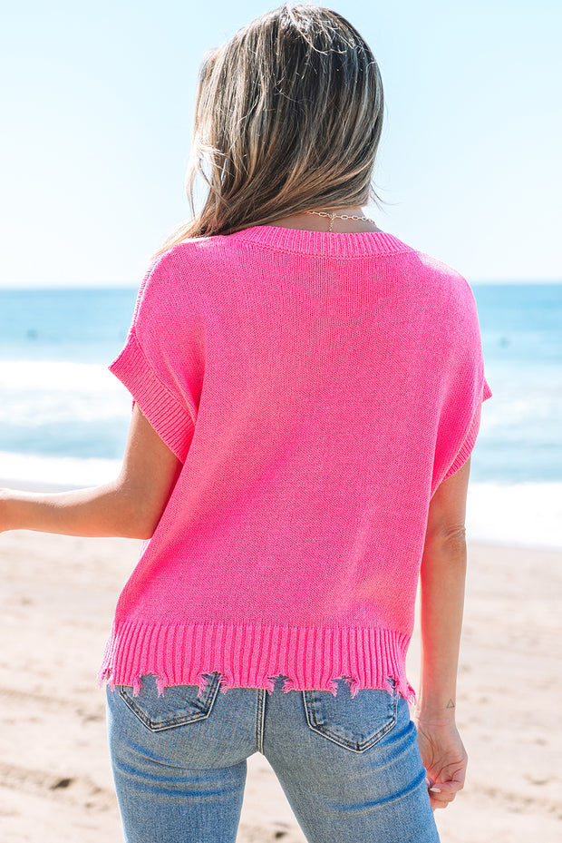 Bright Pink Distressed Hem Short Sleeve Knitted Button Front Sweater