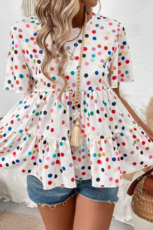White Colorful Polka Dot Short Sleeve Tiered Ruffled Babydoll Blouse
