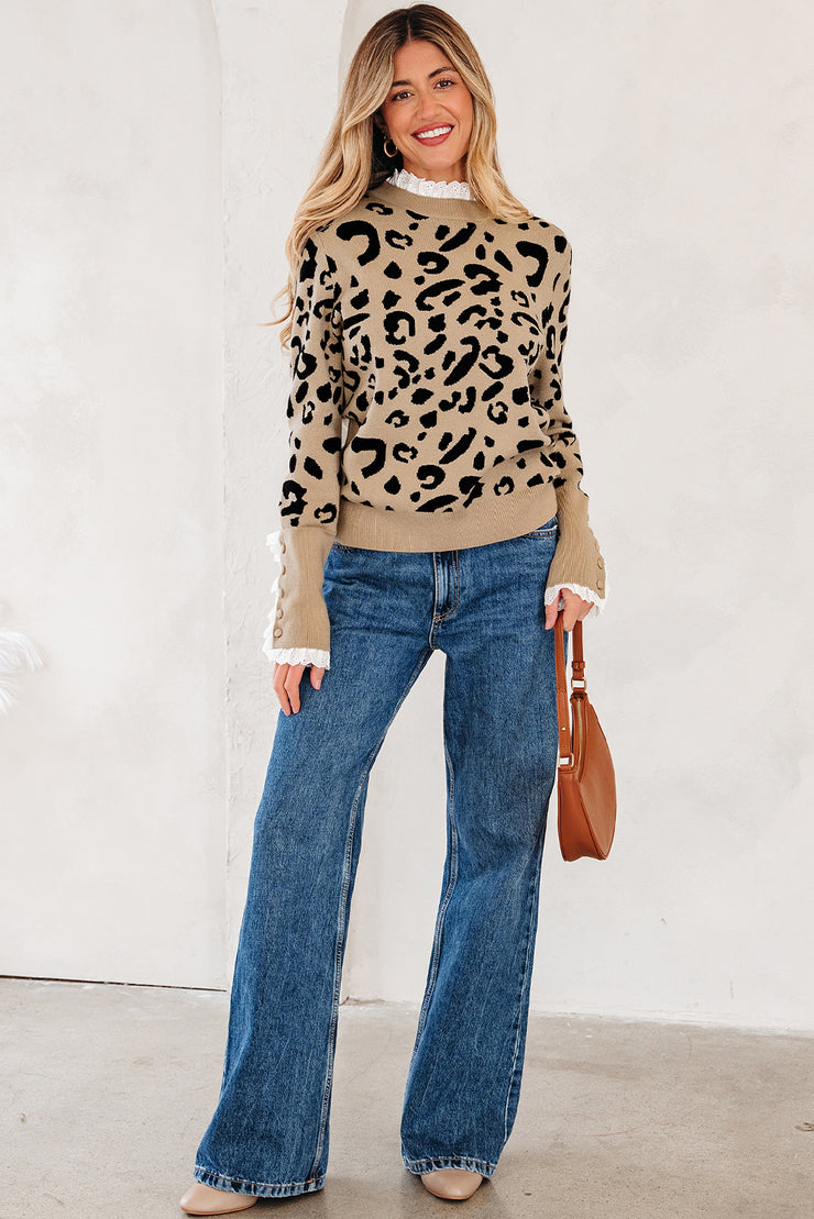 Brown Leopard Pattern Lace Ribbed Detail Button Cuffed Sweater