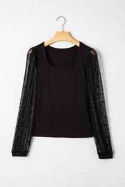 Black Polka Dot Mesh Puff Sleeve Patchwork Ribbed Square Neck Slim Top