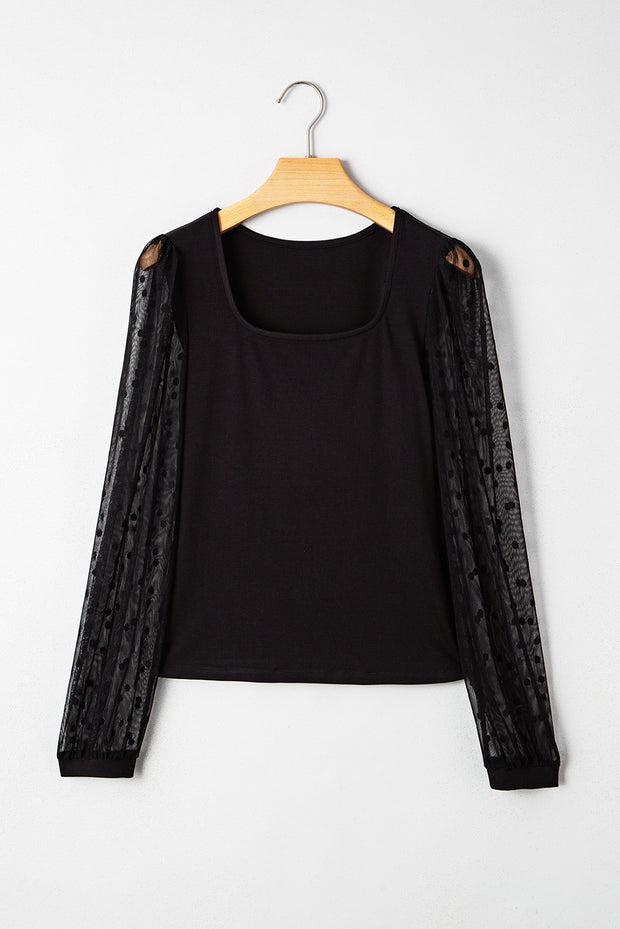 Black Polka Dot Mesh Puff Sleeve Patchwork Ribbed Square Neck Slim Top