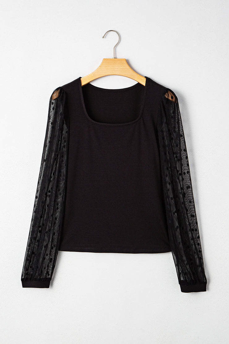 Black Polka Dot Mesh Puff Sleeve Patchwork Ribbed Square Neck Slim Top