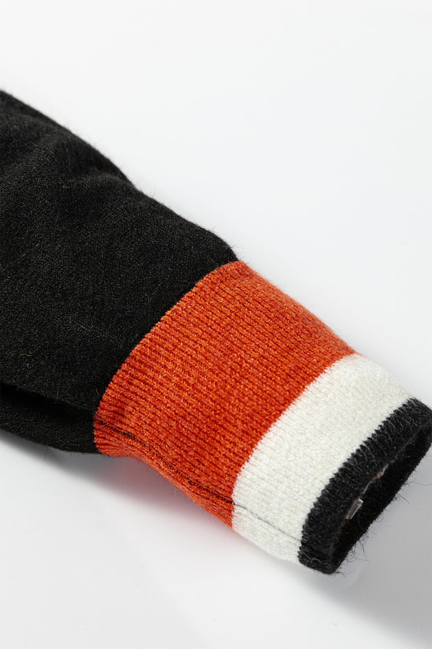 Black Contrast Striped Trim V Neck Varsity Sweater