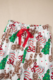 White Christmas Pattern Button V Neck Pullover Drawstring Pants 2pcs Lounge Set
