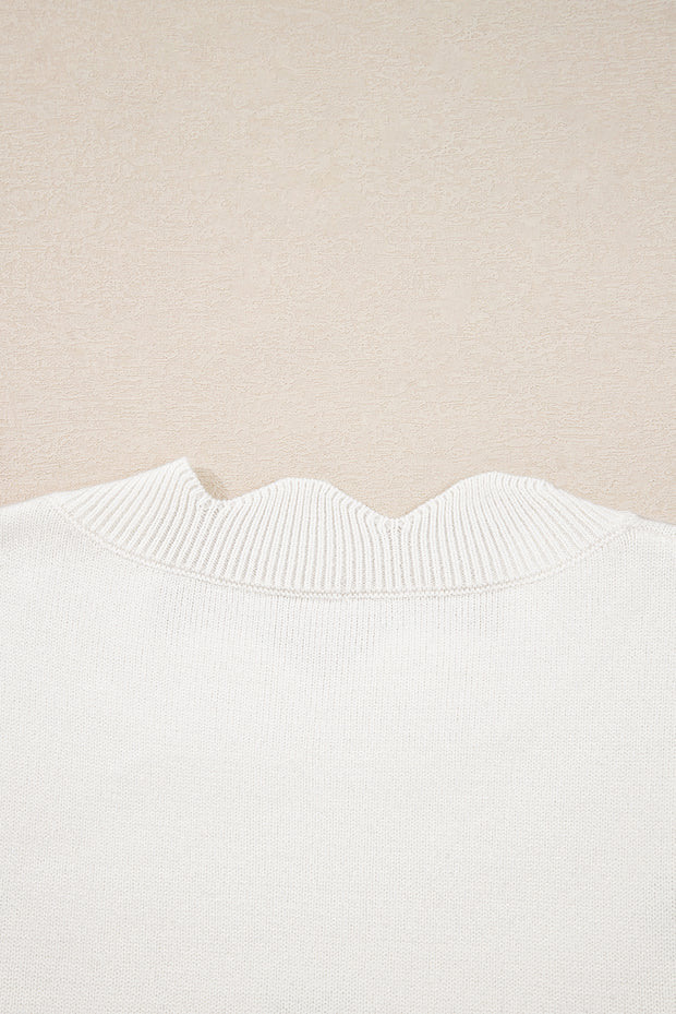 White Floral Embroidered Scallop Hem Cropped Sweater