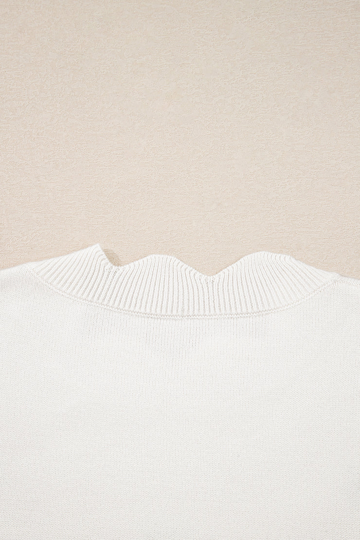 White Floral Embroidered Scallop Hem Cropped Sweater